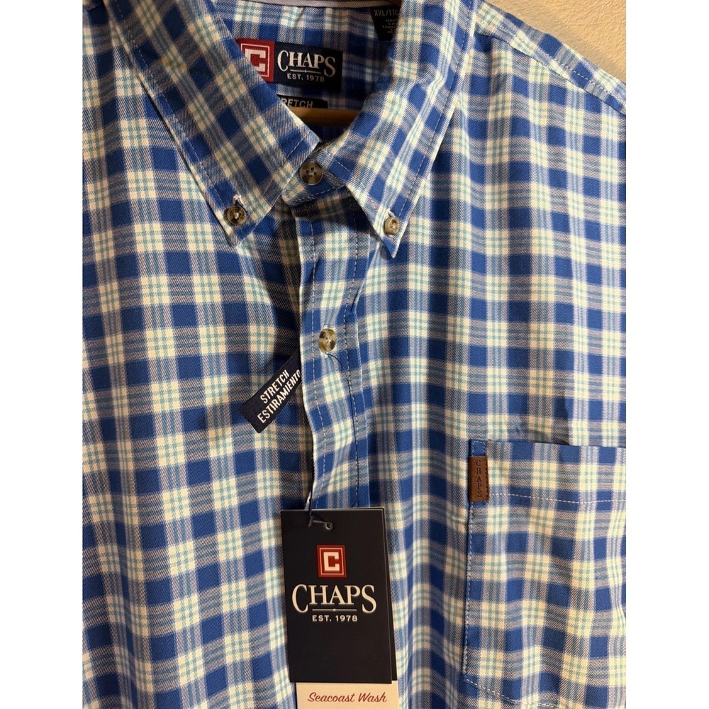 NWT Chaps Men's 2XL Button Down Shirt Classic Blue Plaid Seacoast Wash Stretch